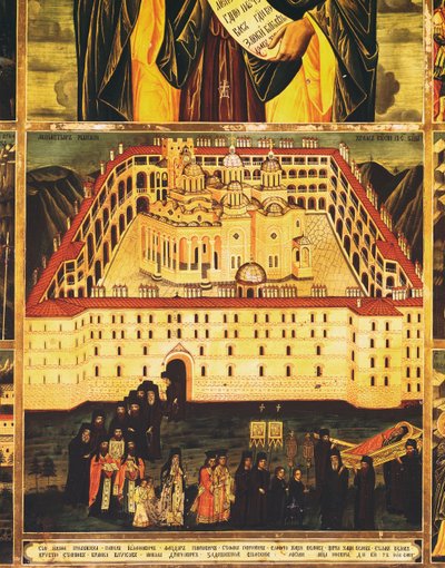 सेंटा जॉन ऑफ रीला थाउमाटुरगे, अंतिम संस्कार का विवरण जो कि मोनास्ट्री ऑफ रीला (पैनल पर समशीतोष्ण) को छोड़ रहा है द्वारा सामकोव के मास्टर जॉन